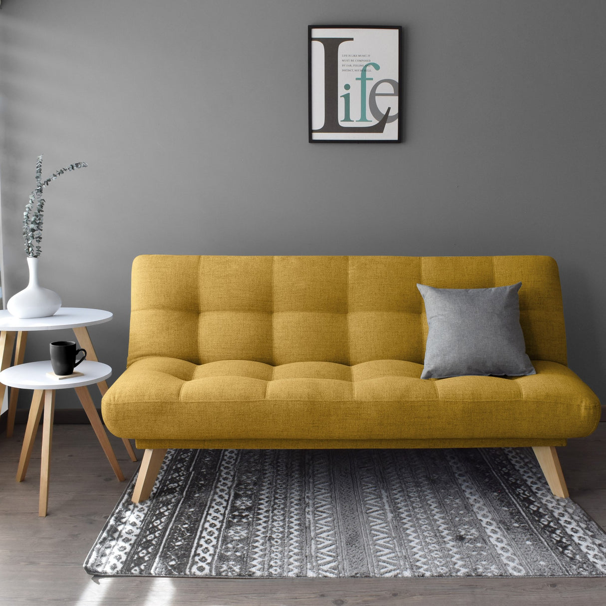 Sofá Cama Porto Mostaza Dicosta y Matiz Natural 182x85cm de Tres Puestos Reclinable sin Apoya Brazos