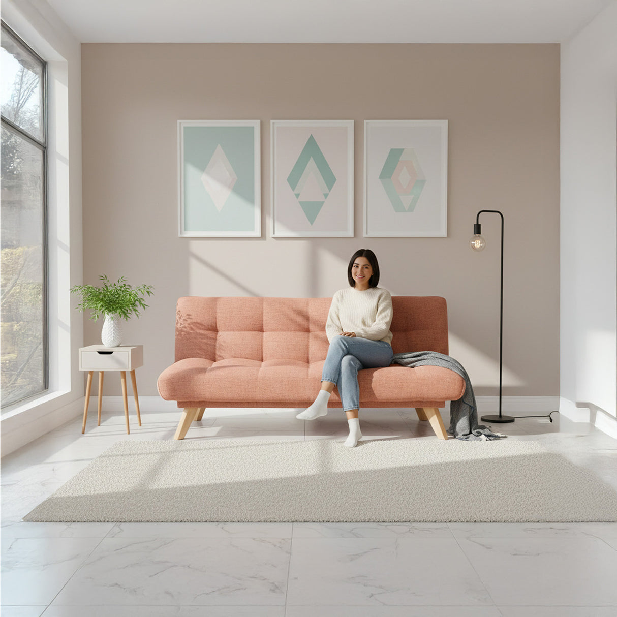 Sofá Cama Porto Salmón Dicosta y Matiz Natural 182x85cm de Tres Puestos Reclinable sin Apoya Brazos