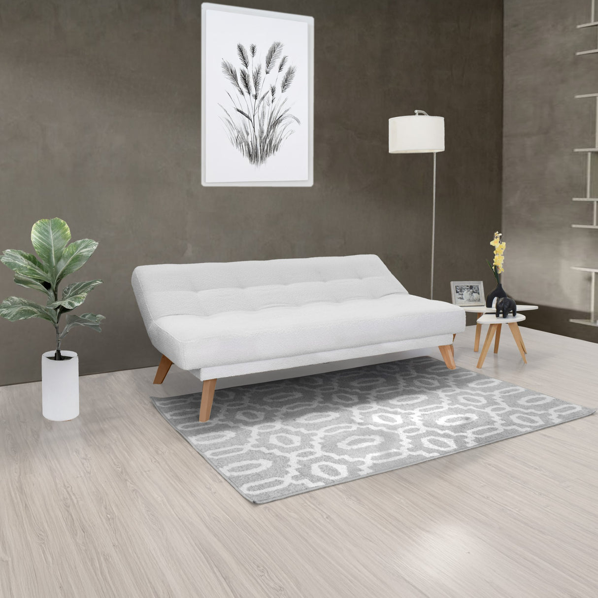 Sofá Cama Porto Blanco Shaggy y Matiz Natural 182x85cm de Tres Puestos Reclinable sin Apoya Brazos