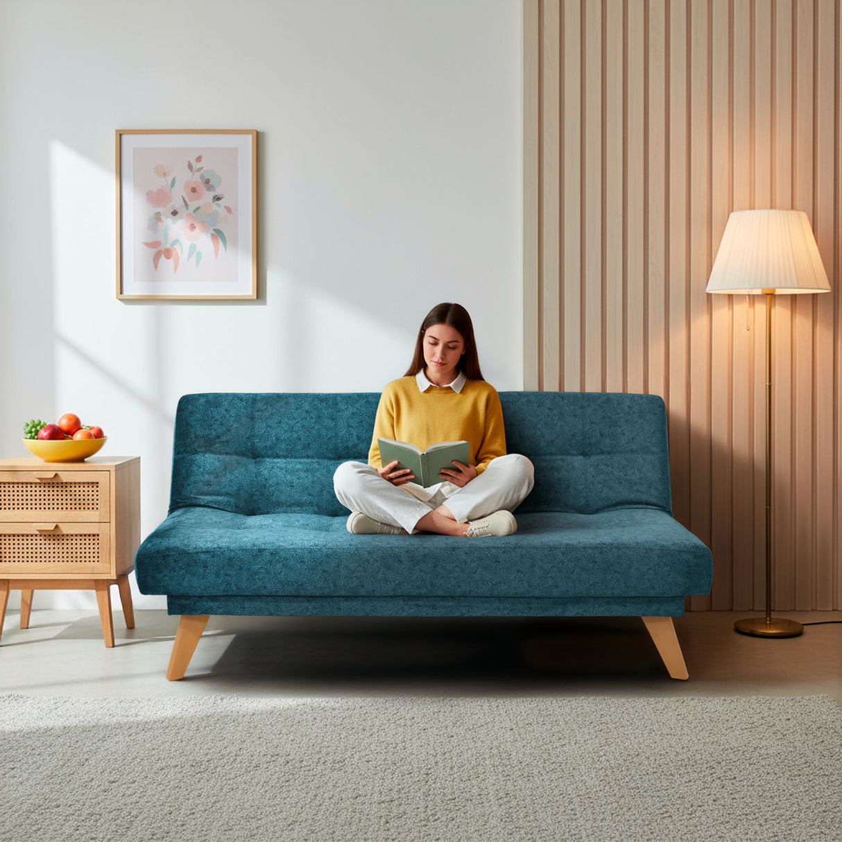Sofá Cama Porto Azul Sky y Matiz Natural 182x85cm de Tres Puestos Reclinable sin Apoya Brazos