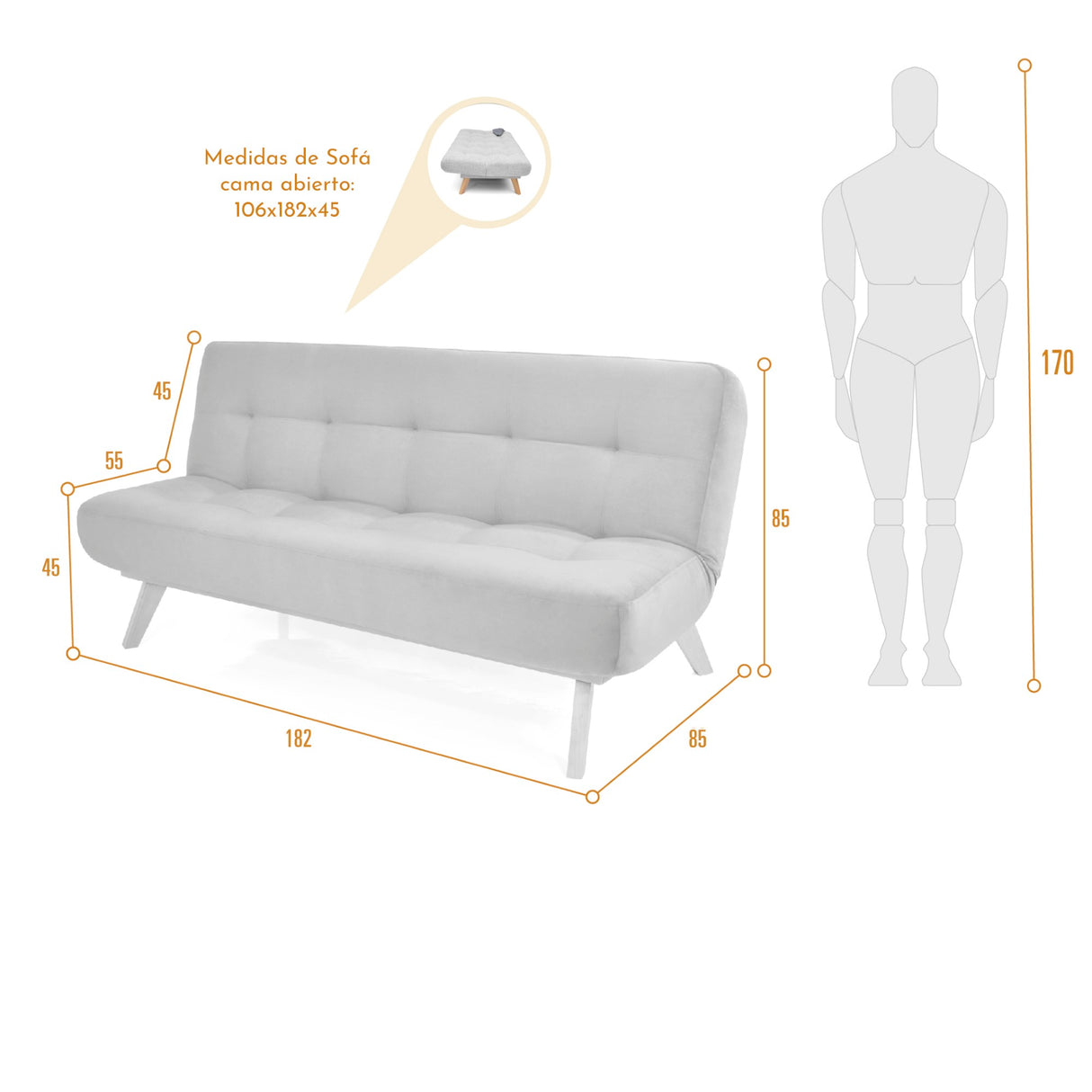 Sofá Cama Porto Beige Sky y Matiz Natural 182x85cm de Tres Puestos Reclinable sin Apoya Brazos