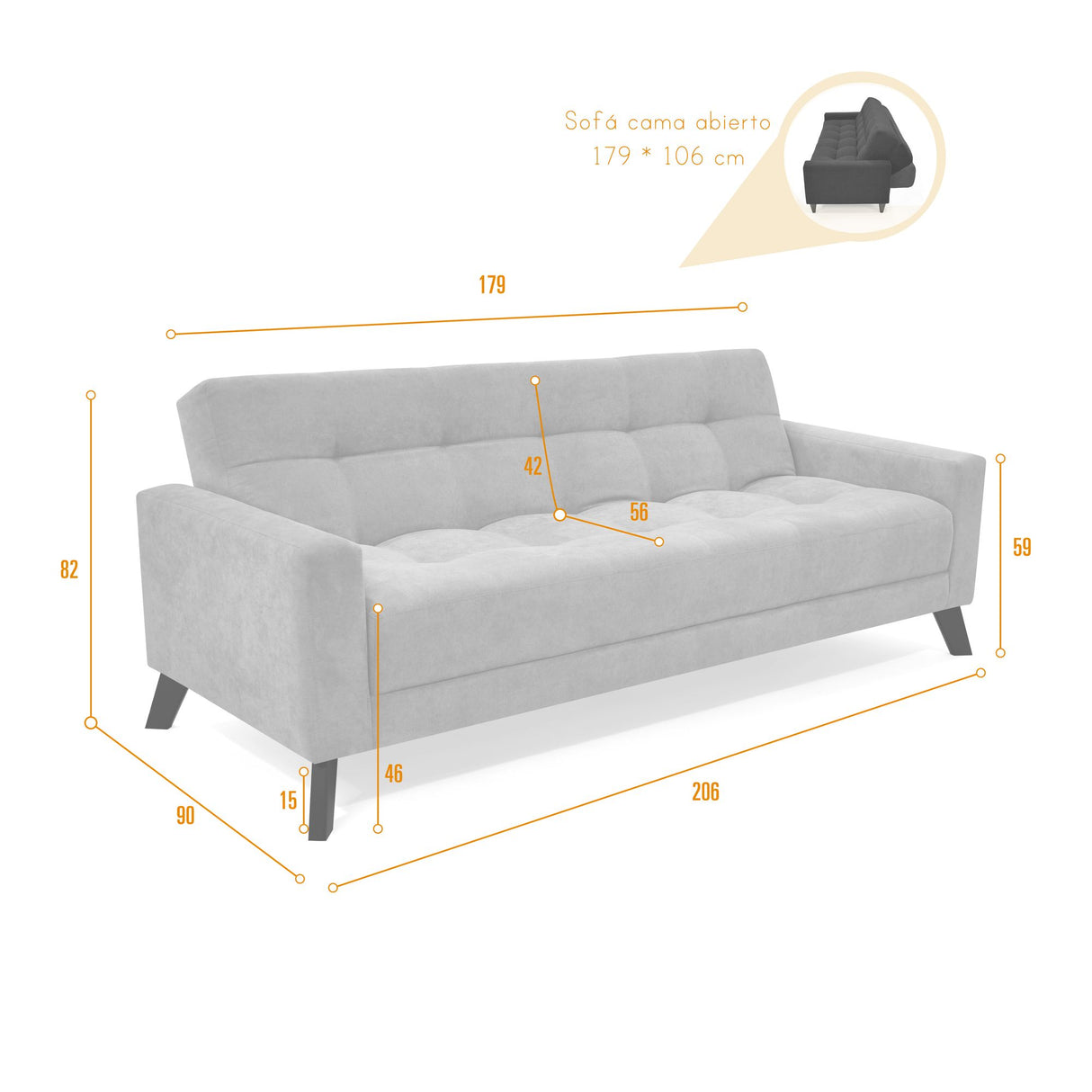 Sofá Cama Sahara Gris Dorsey y Matiz Negro 206x82cm de Tres Puestos Reclinable con Apoya Brazos