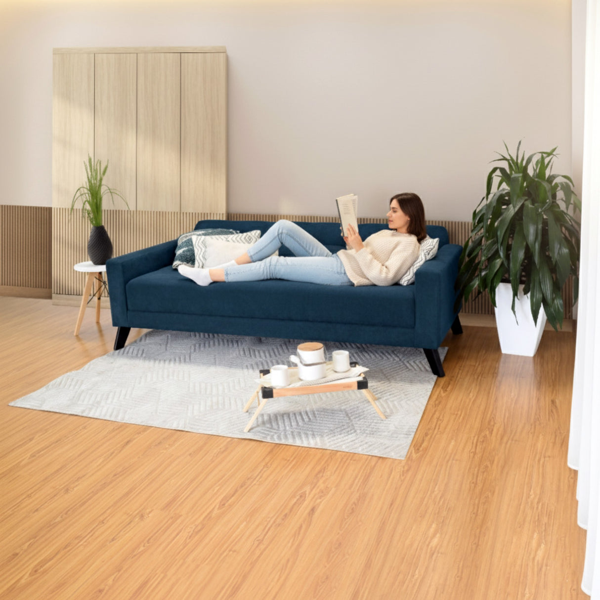 Sofá Cama Sahara Índigo Dorsey y Matiz Negro 206x82cm de Tres Puestos Reclinable con Apoya Brazos