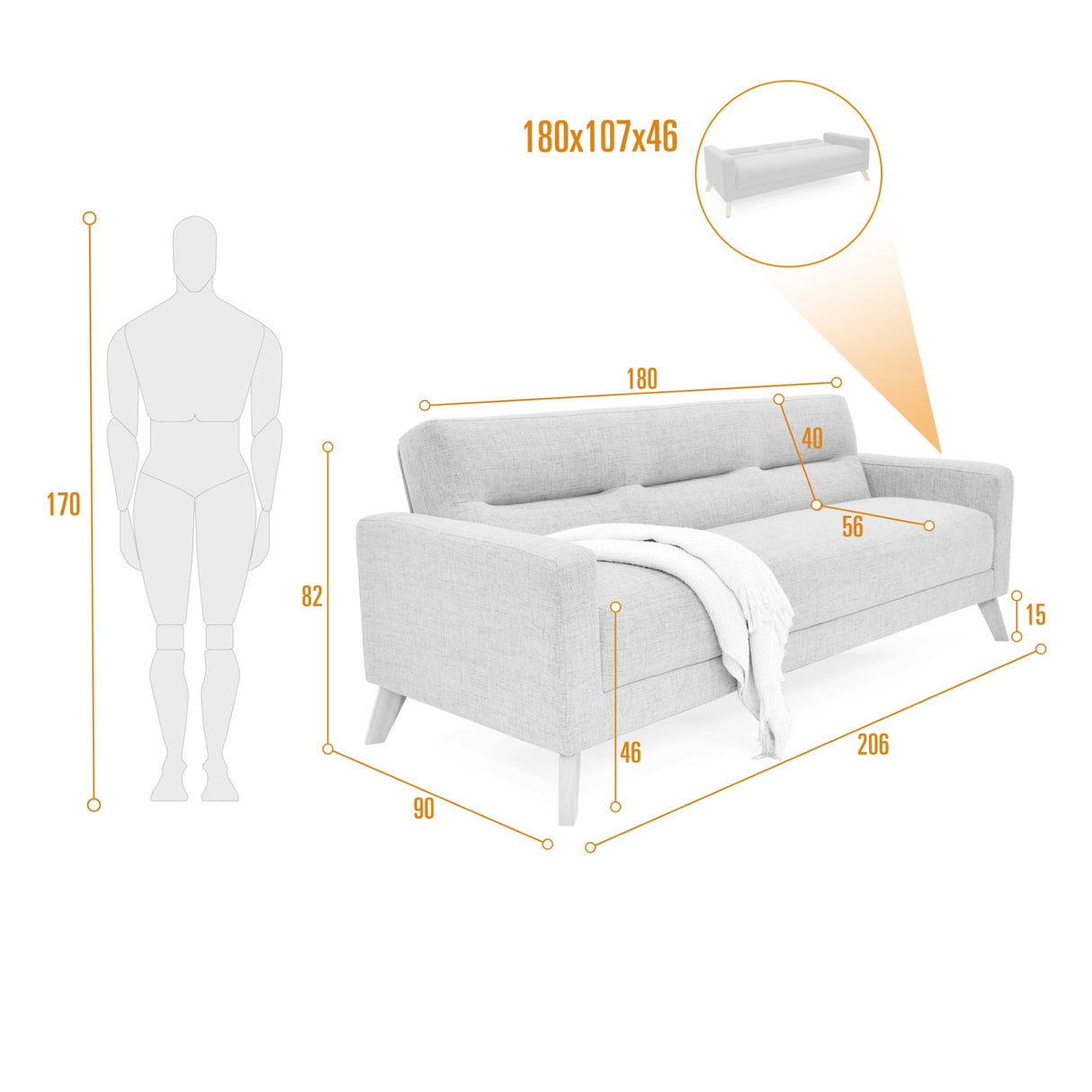Sofá Cama Sion Gris Dicosta y Matiz Natural 206x82cm de Tres Puestos Reclinable con Apoya Brazos