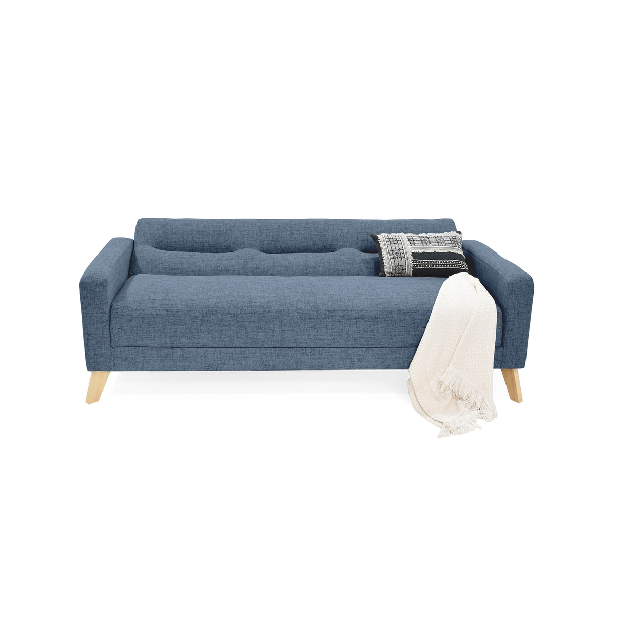 Sofá Cama Sion Índigo Dicosta y Matiz Natural 206x82cm de Tres Puestos Reclinable con Apoya Brazos