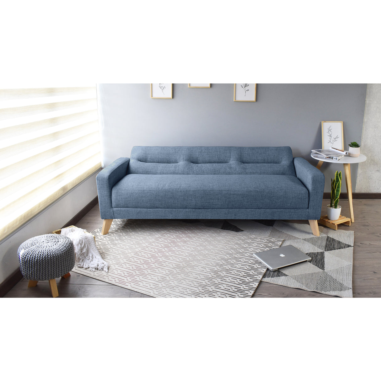 Sofá Cama Sion Índigo Dicosta y Matiz Natural 206x82cm de Tres Puestos Reclinable con Apoya Brazos