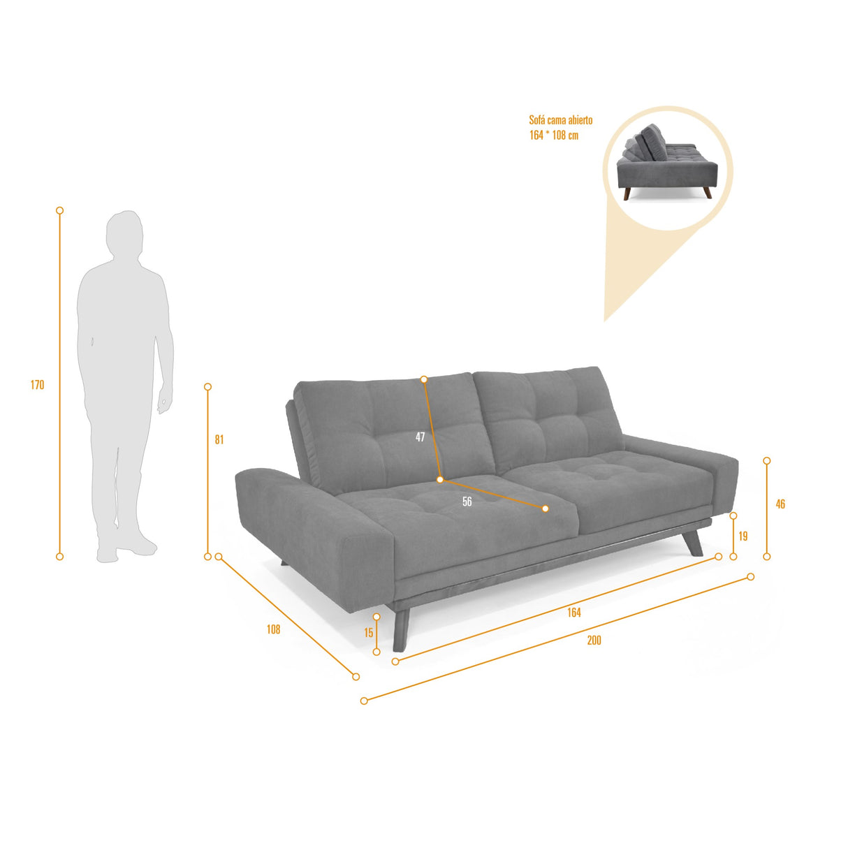 Sofá Cama Suiza Gris Dorsey y Matiz Caoba 200x81cm de Tres Puestos Reclinable con Apoya Brazos