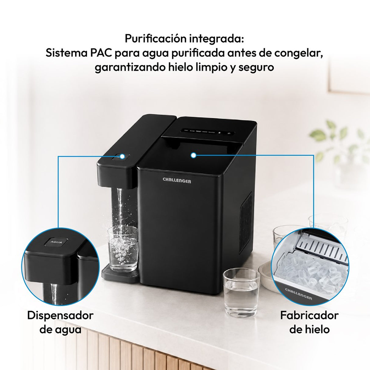 Fabricador de Hielo Challenger Negro 32.2x35.4cm 110 Voltios con Dos Funciones Preconfiguradas