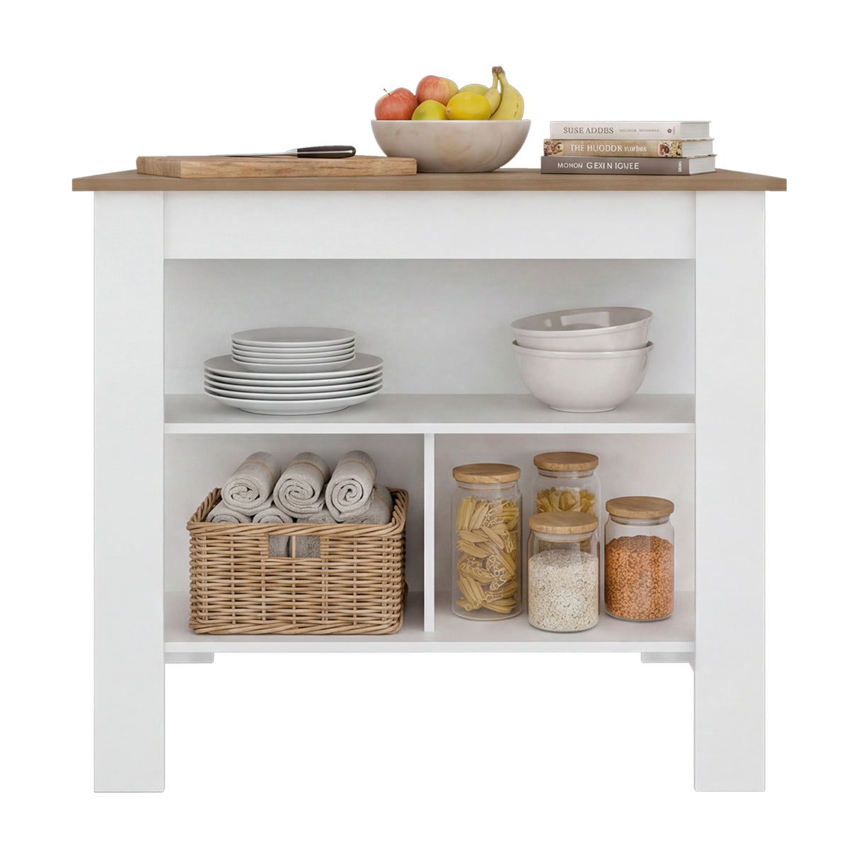 Isla de Cocina Cala Blanco Fresno 103x90cm con Un Entrepaño y Tres Compartimientos