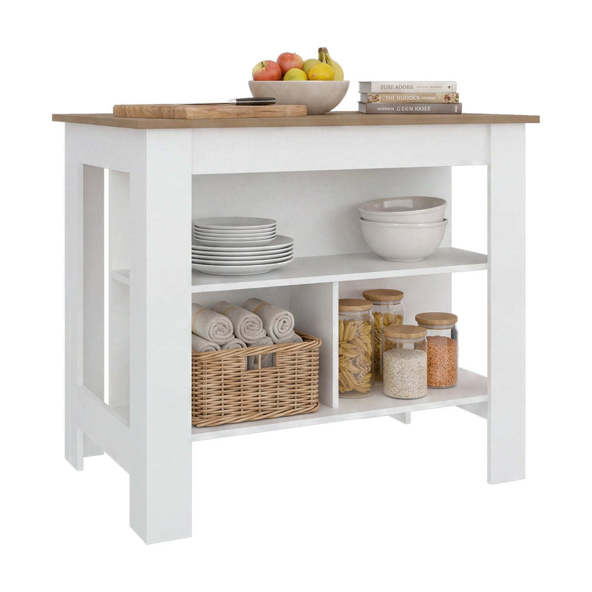 Isla de Cocina Cala Blanco Fresno 103x90cm con Un Entrepaño y Tres Compartimientos