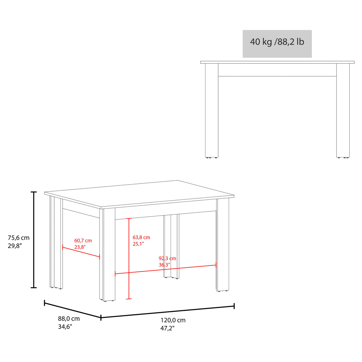 Mesa de comedor Portofino Positano 120x75.6cm Rectangular de Cuatro Puestos sin Sillas