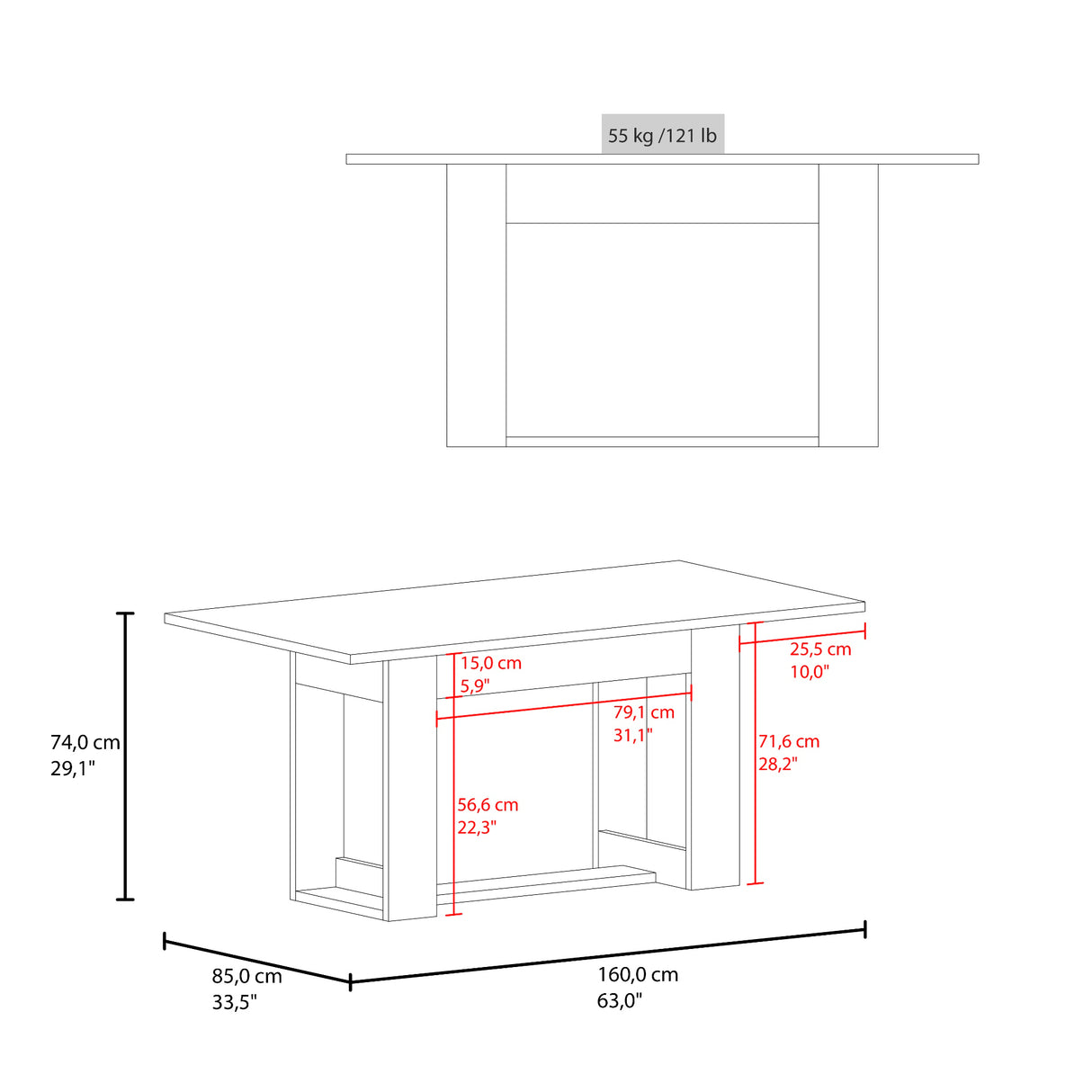 Mesa de comedor Volterra Positano 160x74cm Rectangular de Cuatro Puestos sin Sillas