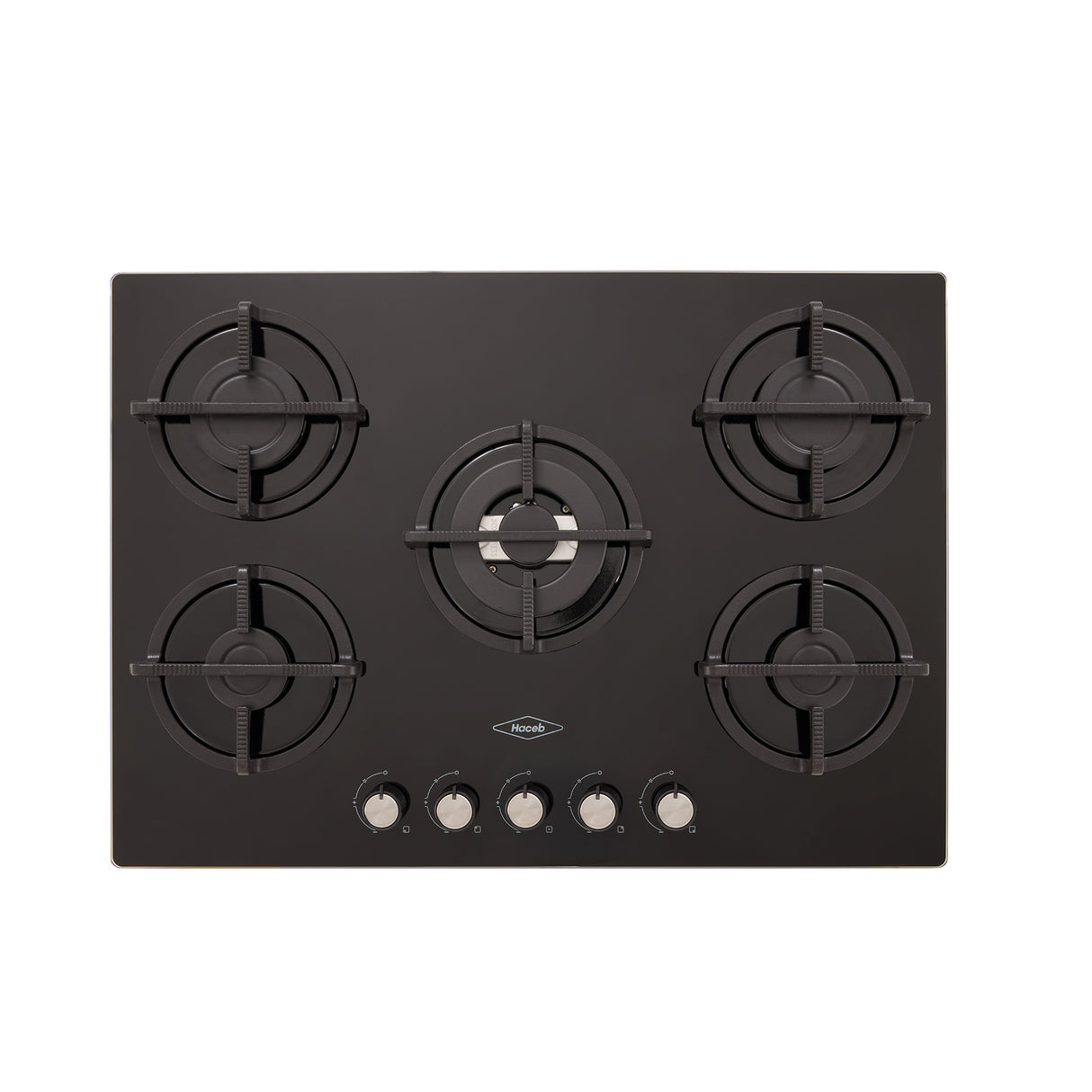 Estufa de Empotrar Haceb Cristal Negro y Plata 76x54cm 110 Voltios para Gas Natural con Cinco Quemadores