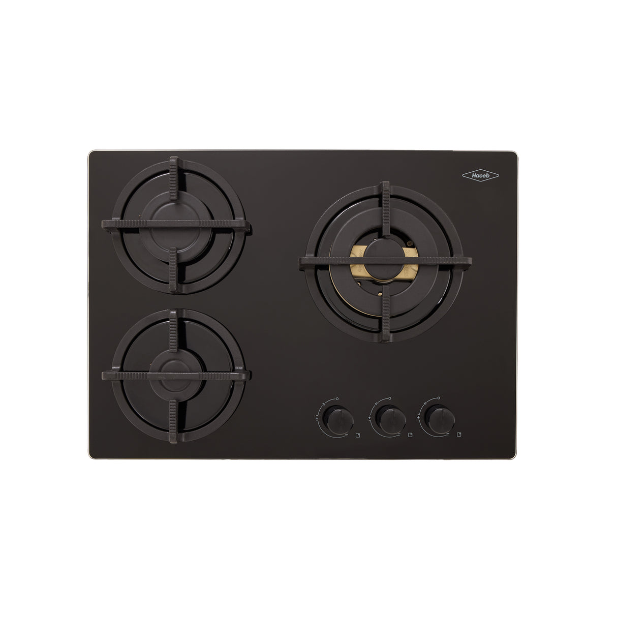 Estufa de Empotrar Haceb Cristal Negro y Oro Mate 60x43cm 110 Voltios para Gas Natural con Tres Quemadores