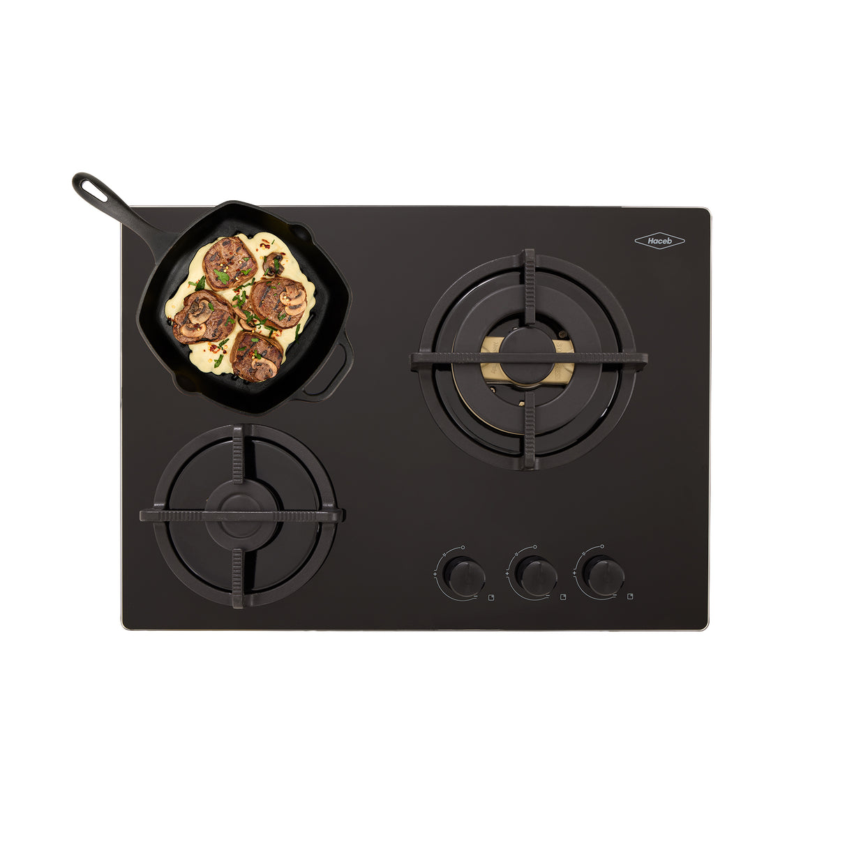 Estufa de Empotrar Haceb Cristal Negro y Oro Mate 60x43cm 110 Voltios para Gas Natural con Tres Quemadores