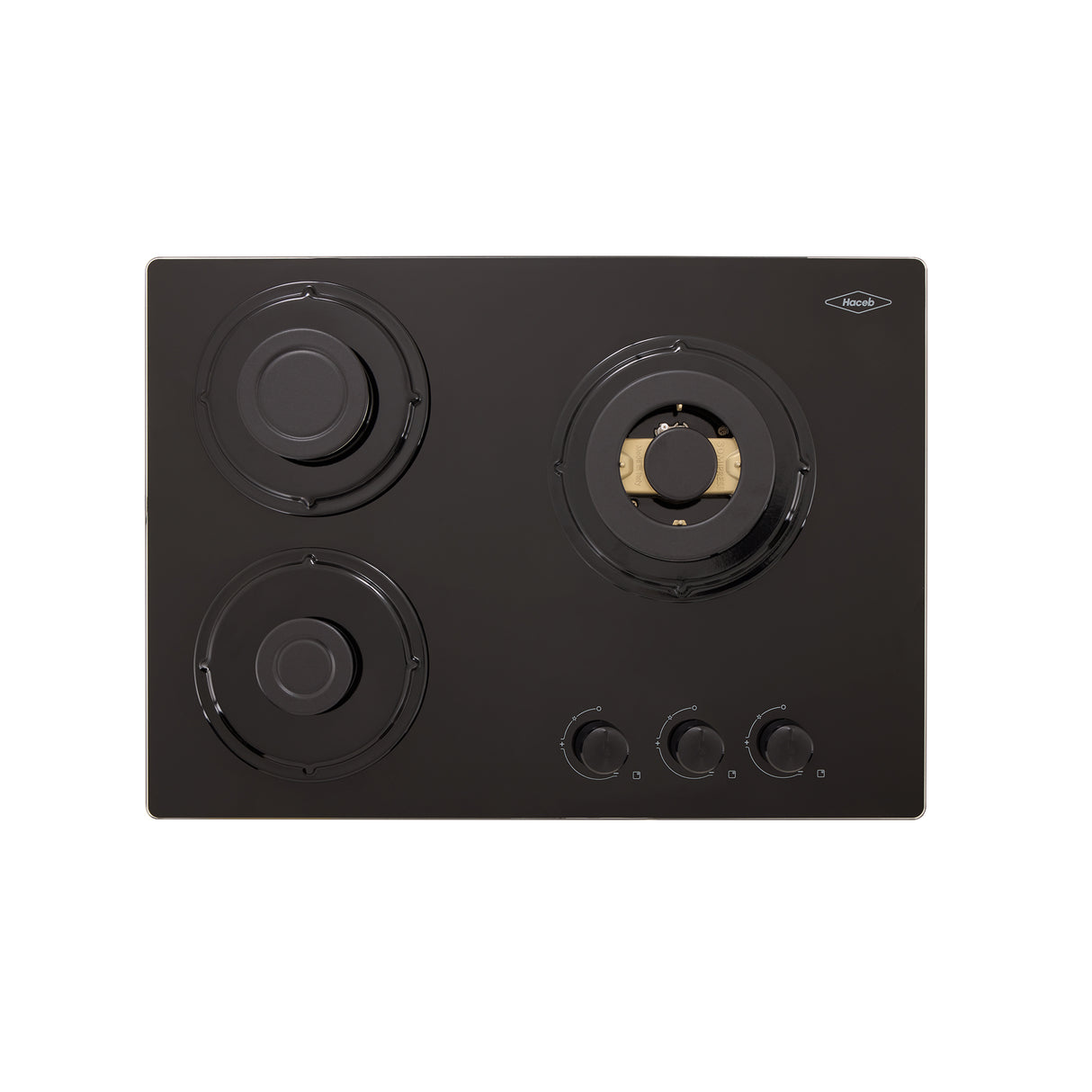 Estufa de Empotrar Haceb Cristal Negro y Oro Mate 60x43cm 110 Voltios para Gas Natural con Tres Quemadores