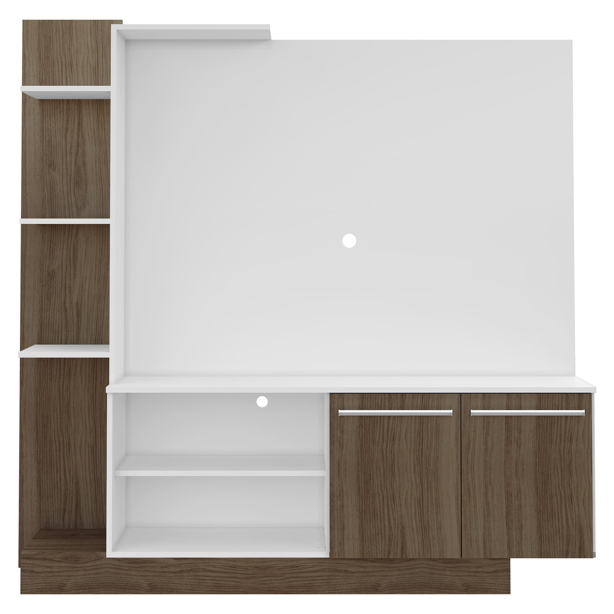 Centro de Entretenimiento Blanco y Castaño 165x164cm Para TV Hasta 55" Pulgadas con Siete Compartimientos y con Ranura para Cables