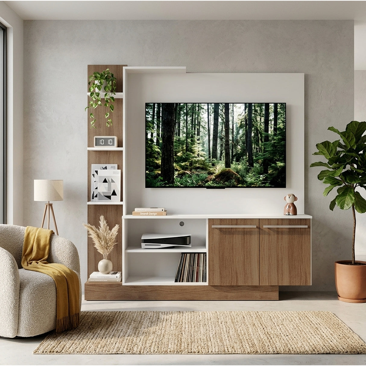 Centro de Entretenimiento Blanco y Castaño 165x164cm Para TV Hasta 55" Pulgadas con Siete Compartimientos y con Ranura para Cables