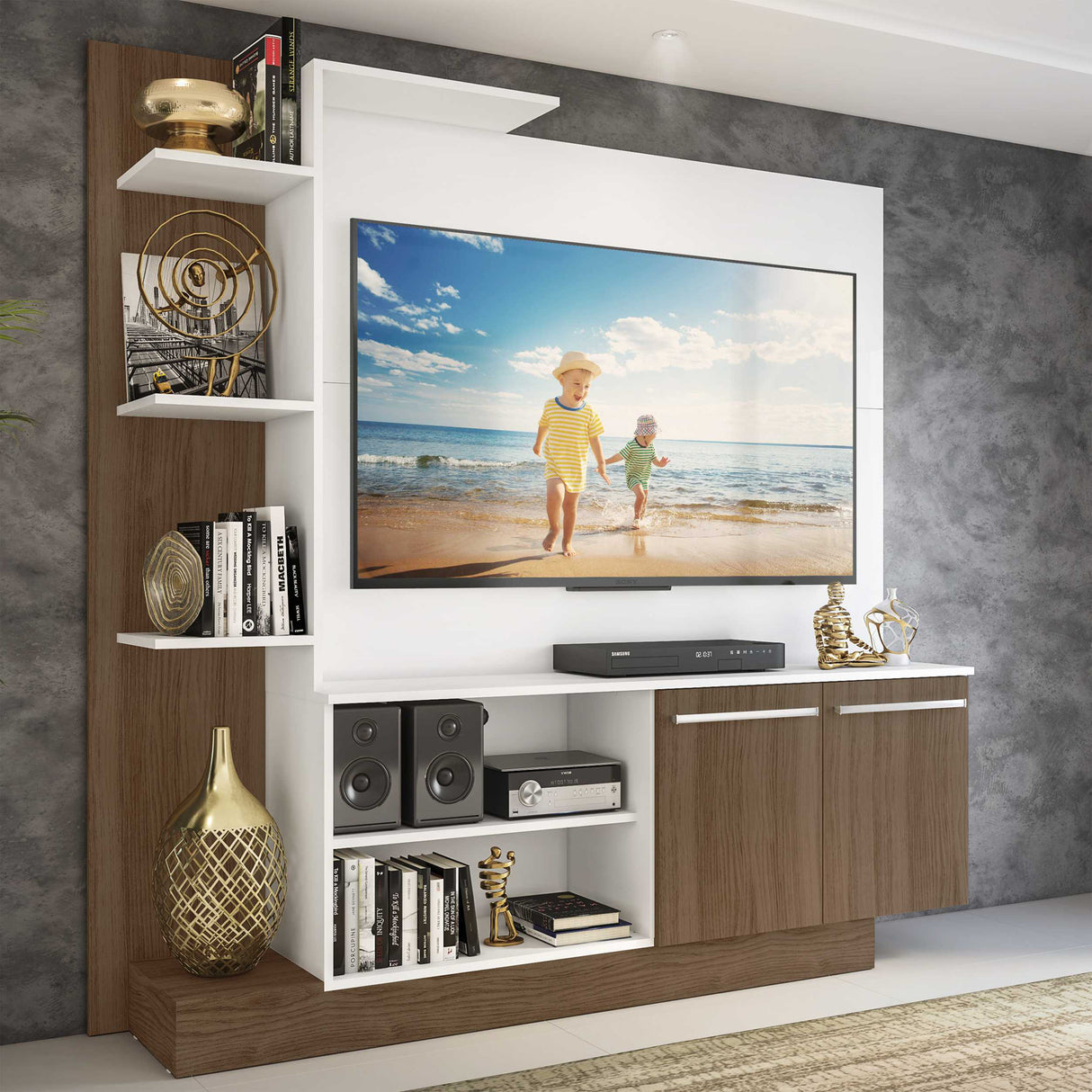 Centro de Entretenimiento Blanco y Castaño 165x164cm Para TV Hasta 55" Pulgadas con Siete Compartimientos y con Ranura para Cables