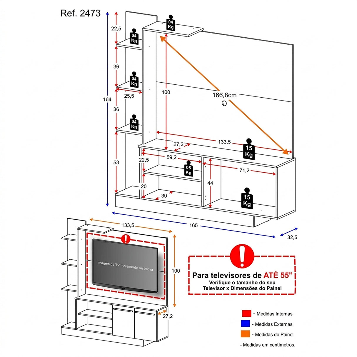 Centro de Entretenimiento Blanco y Castaño 165x164cm Para TV Hasta 55" Pulgadas con Siete Compartimientos y con Ranura para Cables