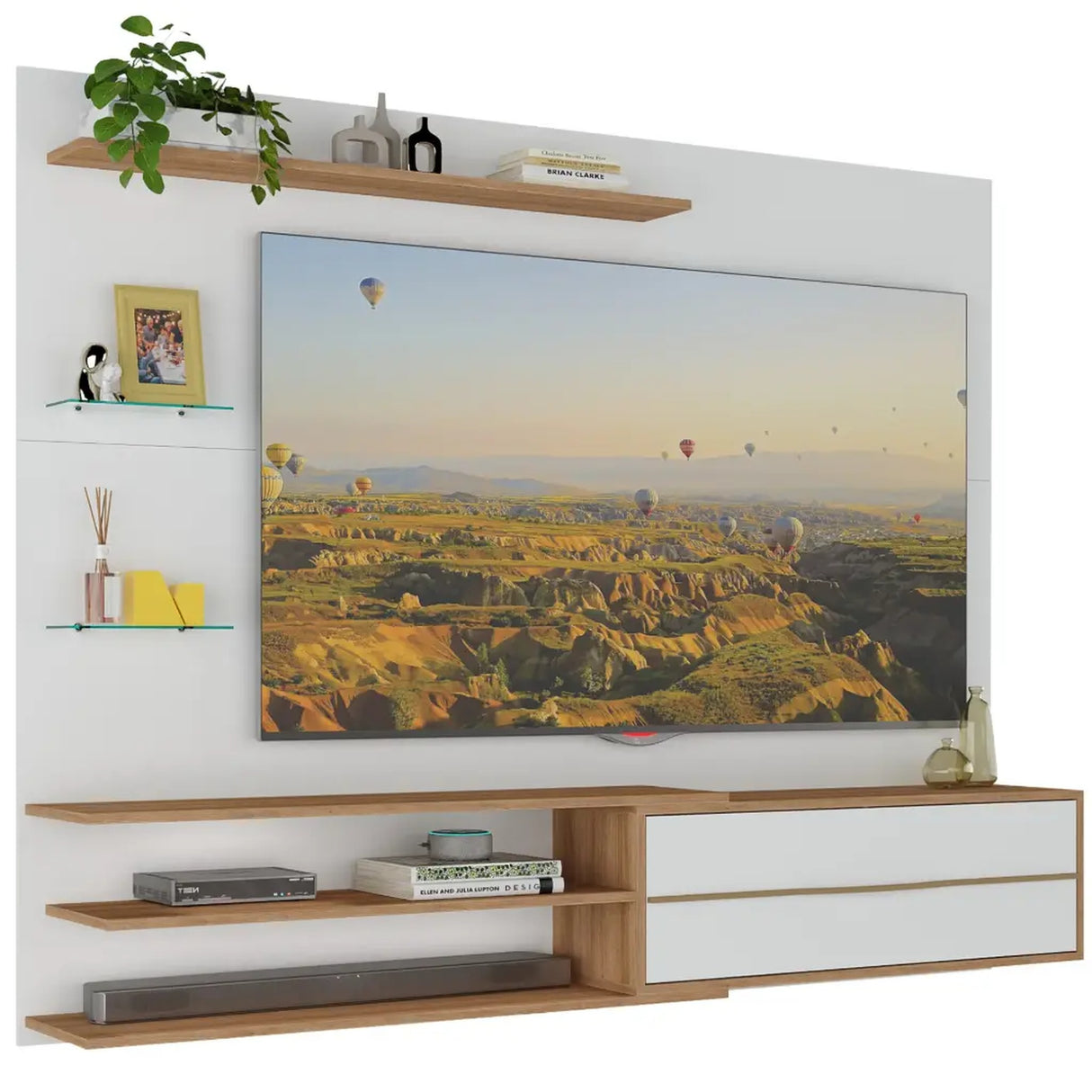 Centro de Entretenimiento Blanco y Castaño 213x171cm Para TV Hasta 65" Pulgadas con Siete Compartimientos y con Ranura para Cables