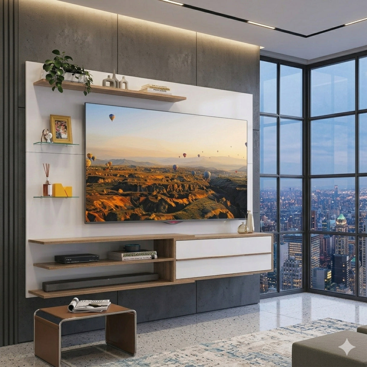 Centro de Entretenimiento Blanco y Castaño 213x171cm Para TV Hasta 65" Pulgadas con Siete Compartimientos y con Ranura para Cables