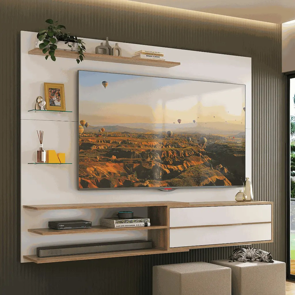 Centro de Entretenimiento Blanco y Castaño 213x171cm Para TV Hasta 65" Pulgadas con Siete Compartimientos y con Ranura para Cables