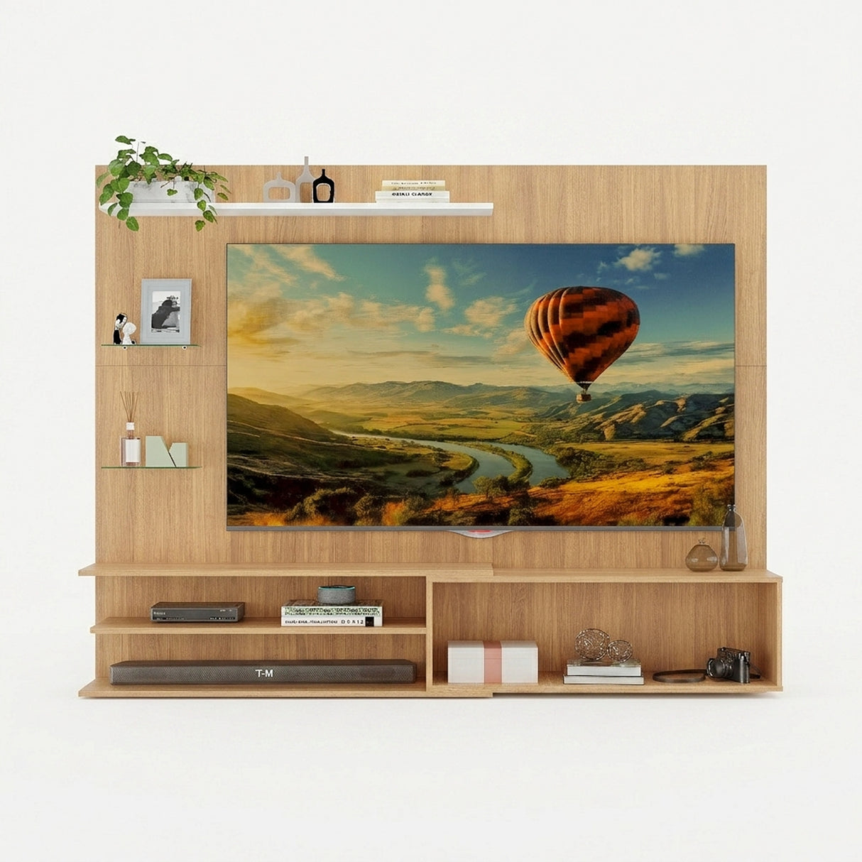 Centro de Entretenimiento Castaño 213x171cm Para TV Hasta 65" Pulgadas con Siete Compartimientos y con Ranura para Cables