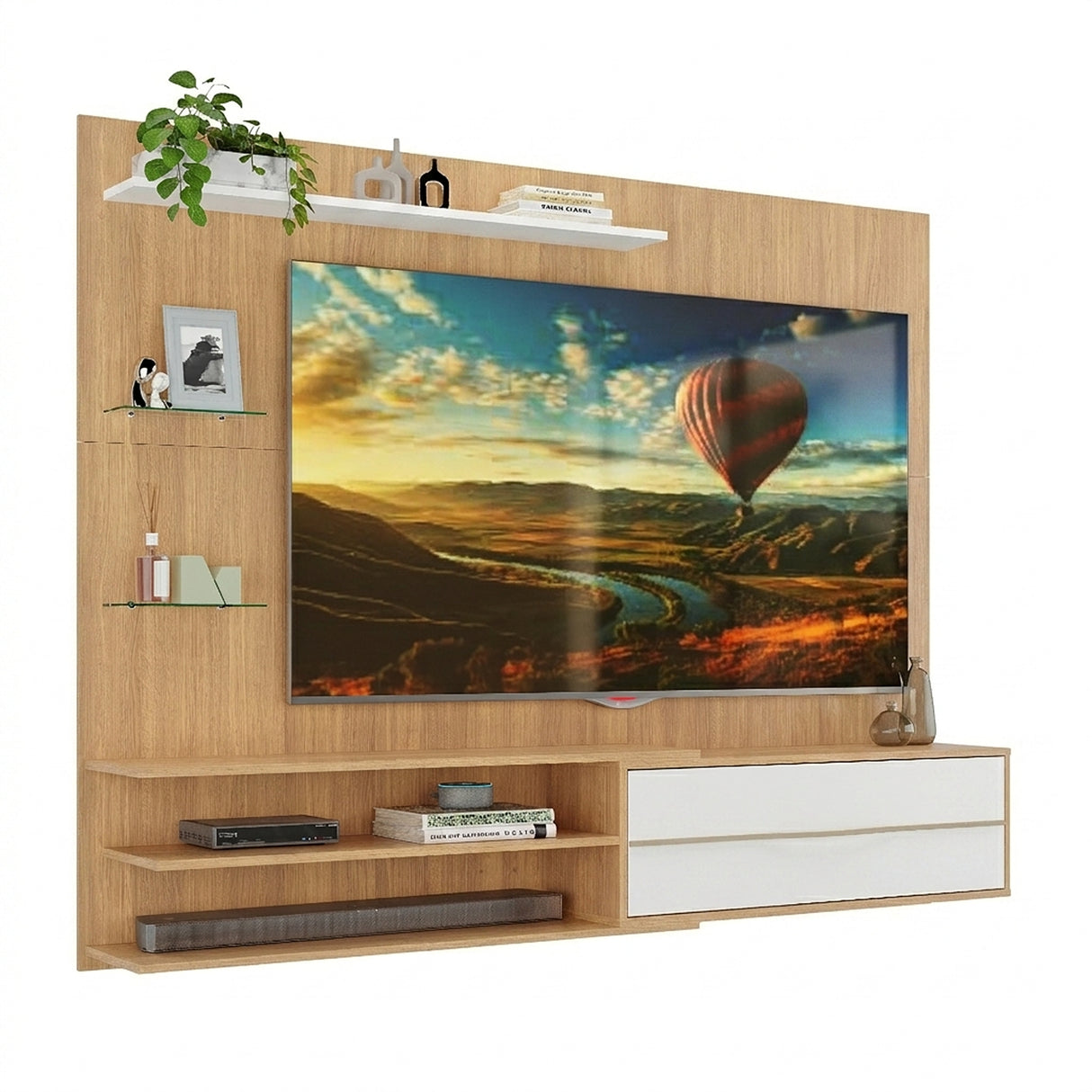 Centro de Entretenimiento Castaño 213x171cm Para TV Hasta 65" Pulgadas con Siete Compartimientos y con Ranura para Cables