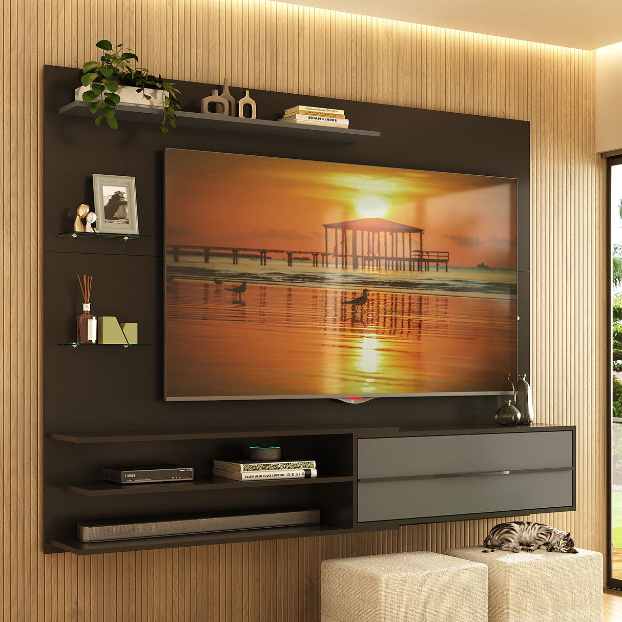 Centro de Entretenimiento Negro Mate 213x171cm Para TV Hasta 65" Pulgadas con Siete Compartimientos y con Ranura para Cables