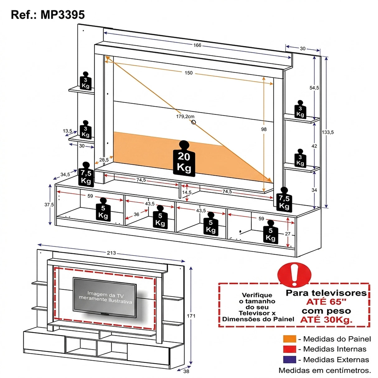 Centro de Entretenimiento Blanco 213x171cm Para TV Hasta 65" Pulgadas con Diez Compartimientos y con Ranura para Cables