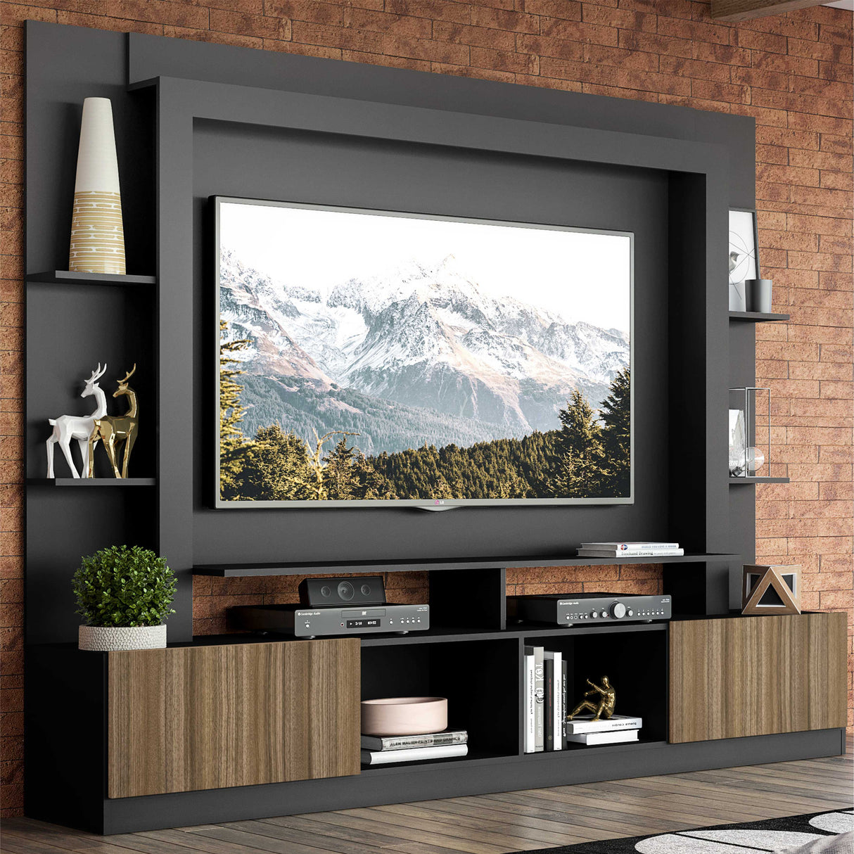 Centro de Entretenimiento Negro Mate 213x171cm Para TV Hasta 65" Pulgadas con Diez Compartimientos y con Ranura para Cables