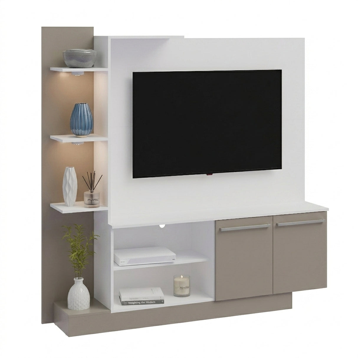 Centro de Entretenimiento Blanco y Gris 165x164cm Para TV Hasta 55" Pulgadas con Seis Compartimientos y con Ranura para Cables