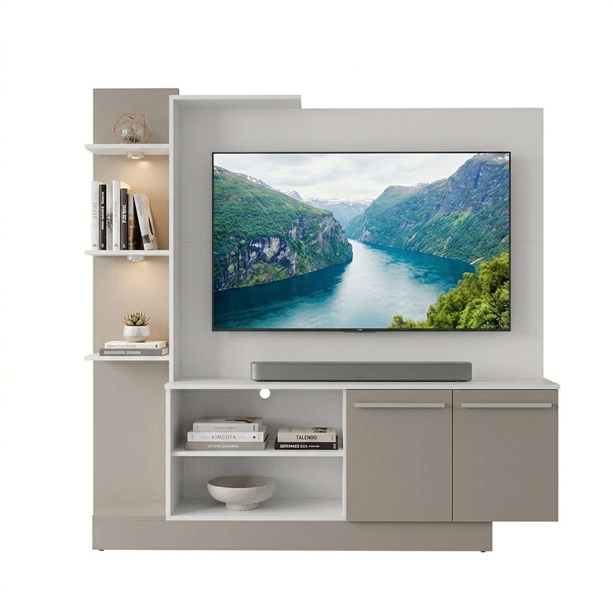 Centro de Entretenimiento Blanco y Gris 165x164cm Para TV Hasta 55" Pulgadas con Seis Compartimientos y con Ranura para Cables