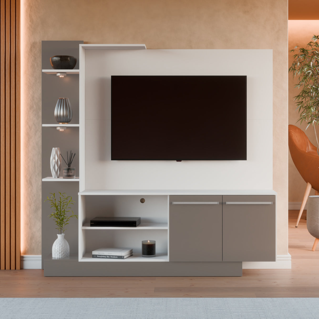 Centro de Entretenimiento Blanco y Gris 165x164cm Para TV Hasta 55" Pulgadas con Seis Compartimientos y con Ranura para Cables