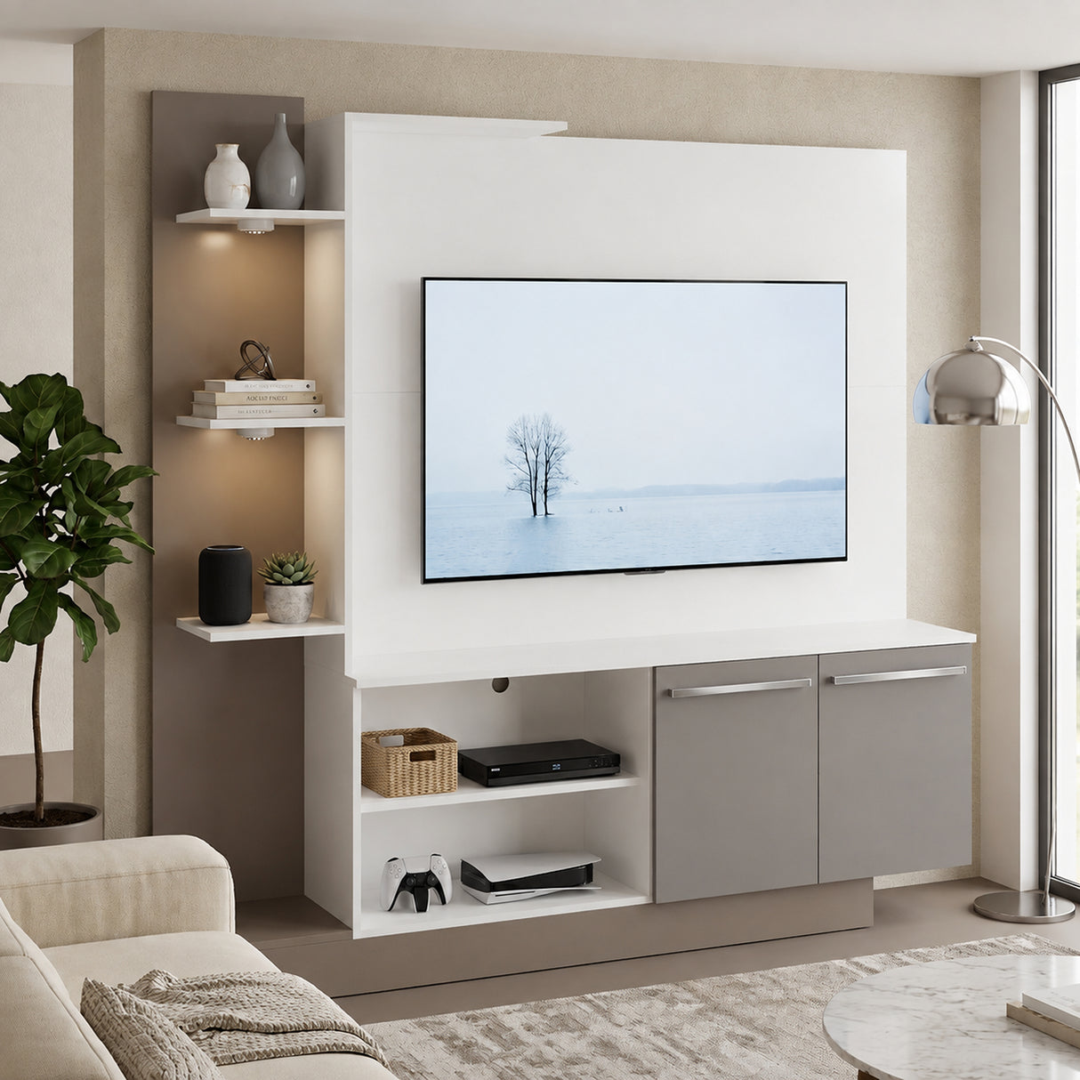 Centro de Entretenimiento Blanco y Gris 165x164cm Para TV Hasta 55" Pulgadas con Seis Compartimientos y con Ranura para Cables