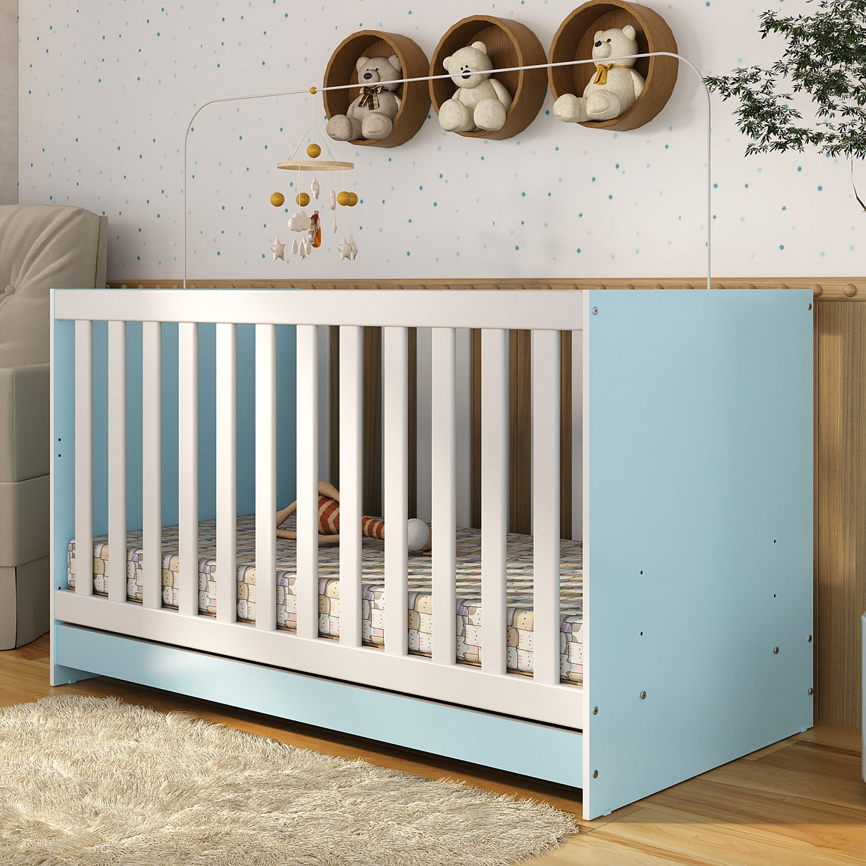 Cuna 3 en 1 Azul Aguamarina y Blanco 66x80cm para Colchón Infantil 60 X 130 Cm con Colchón y sin Cabecero