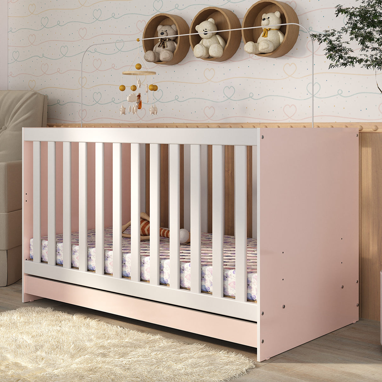 Cuna 3 en 1 Blanco y Rosa 66x80cm para Colchón Infantil 60 X 130 Cm con Colchón y sin Cabecero