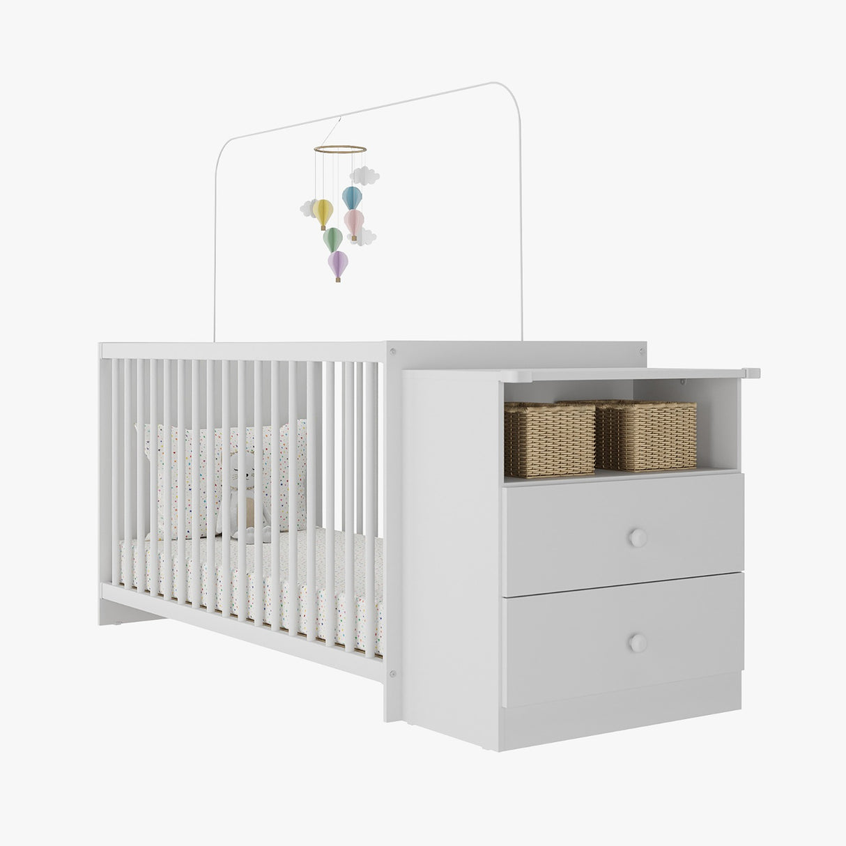 Cuna con Cómoda Blanco 68x73cm para Colchón Infantil 60 X 130 Cm con Colchón y sin Cabecero