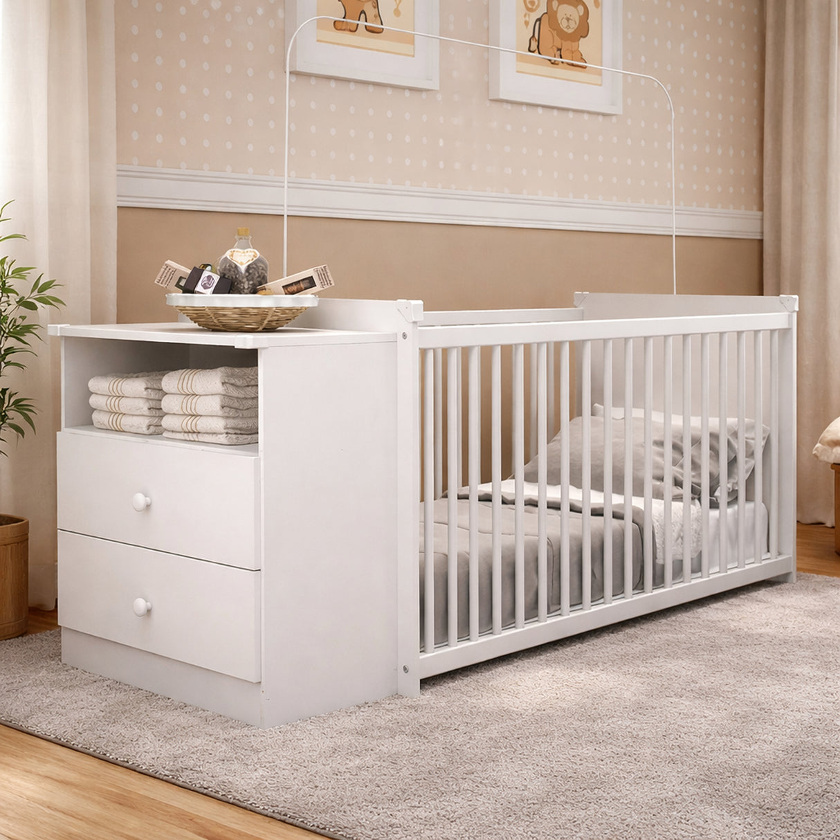 Cuna con Cómoda Blanco 68x73cm para Colchón Infantil 60 X 130 Cm con Colchón y sin Cabecero