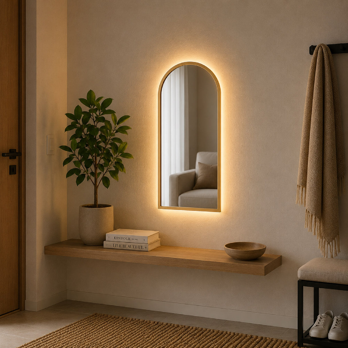Espejo de Pared Led Dorado 50x100cm de Arco Superior Luz Cálida con Marco En Madera