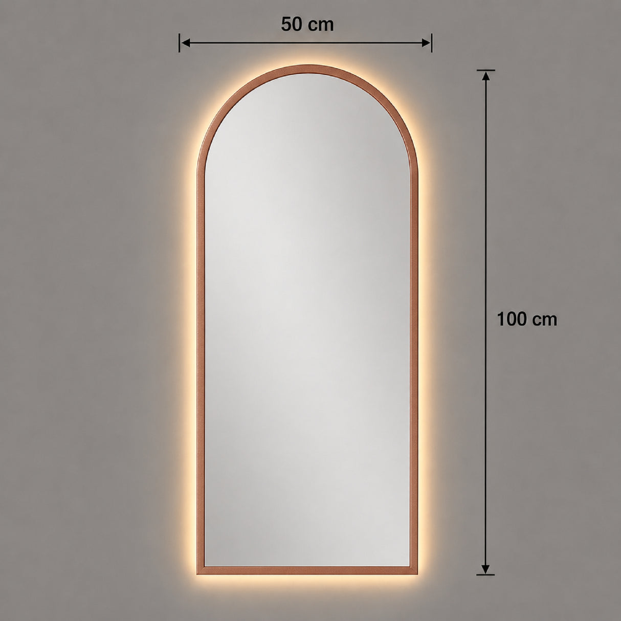 Espejo de Pared Led Oro Rosa 50x100cm de Arco Superior Luz Cálida con Marco En Madera