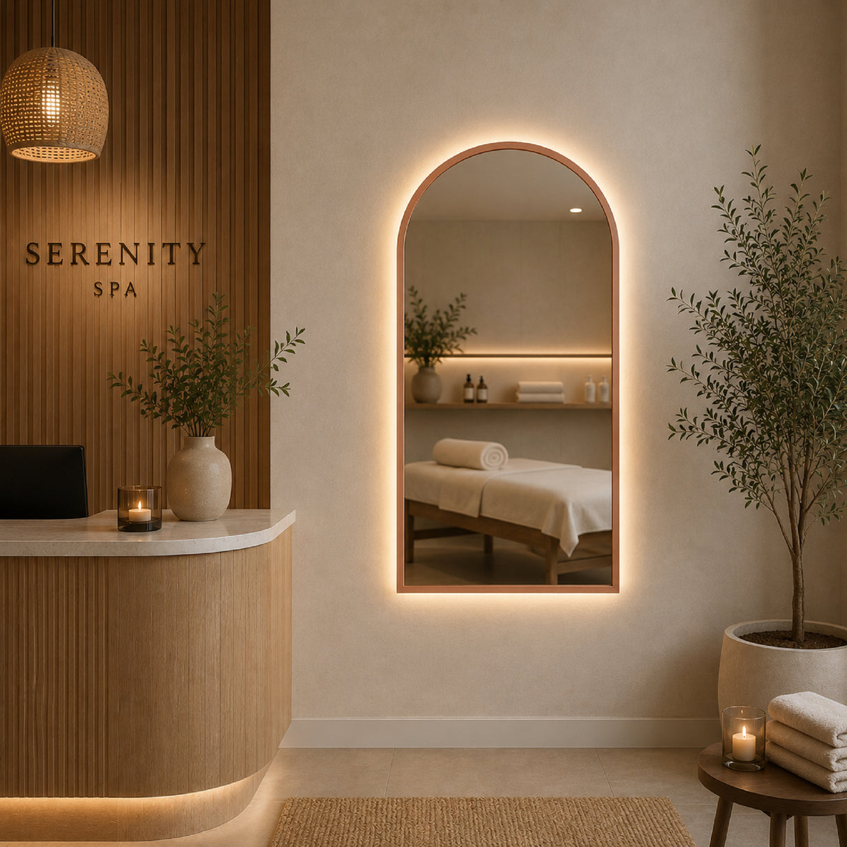 Espejo de Pared Led Oro Rosa 60x120cm de Arco Superior Luz Cálida con Marco En Madera