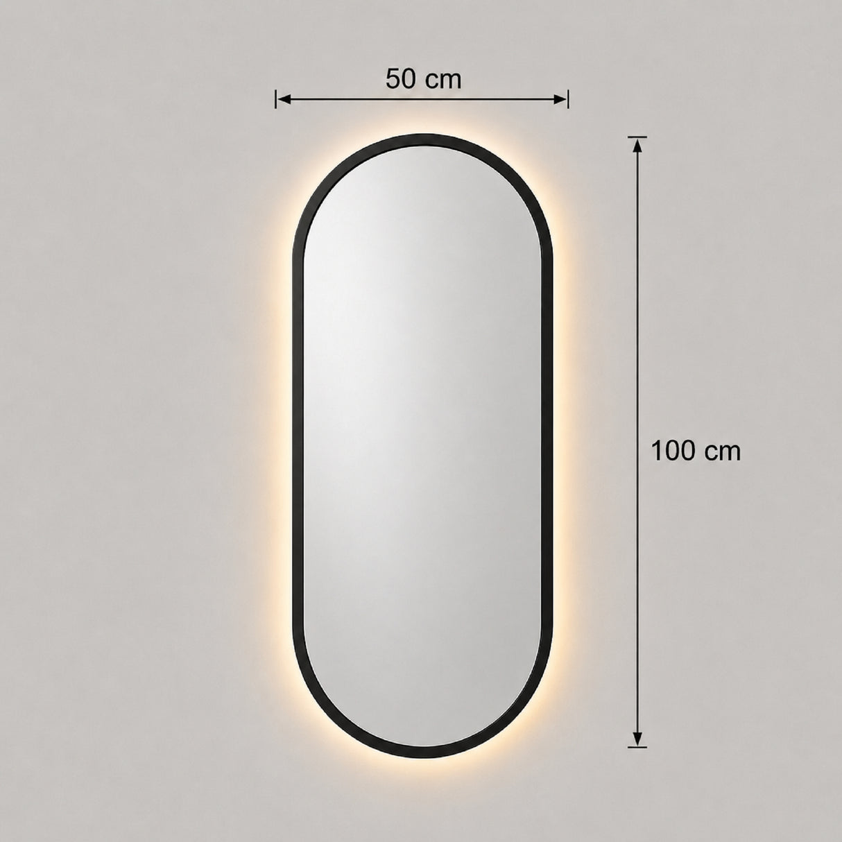 Espejo de Pared Led Negro 50x100cm Ovalado Luz Cálida con Marco En Madera