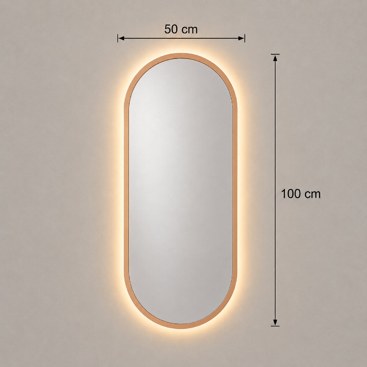 Espejo de Pared Led Oro Rosa 50x100cm Ovalado Luz Cálida con Marco En Madera