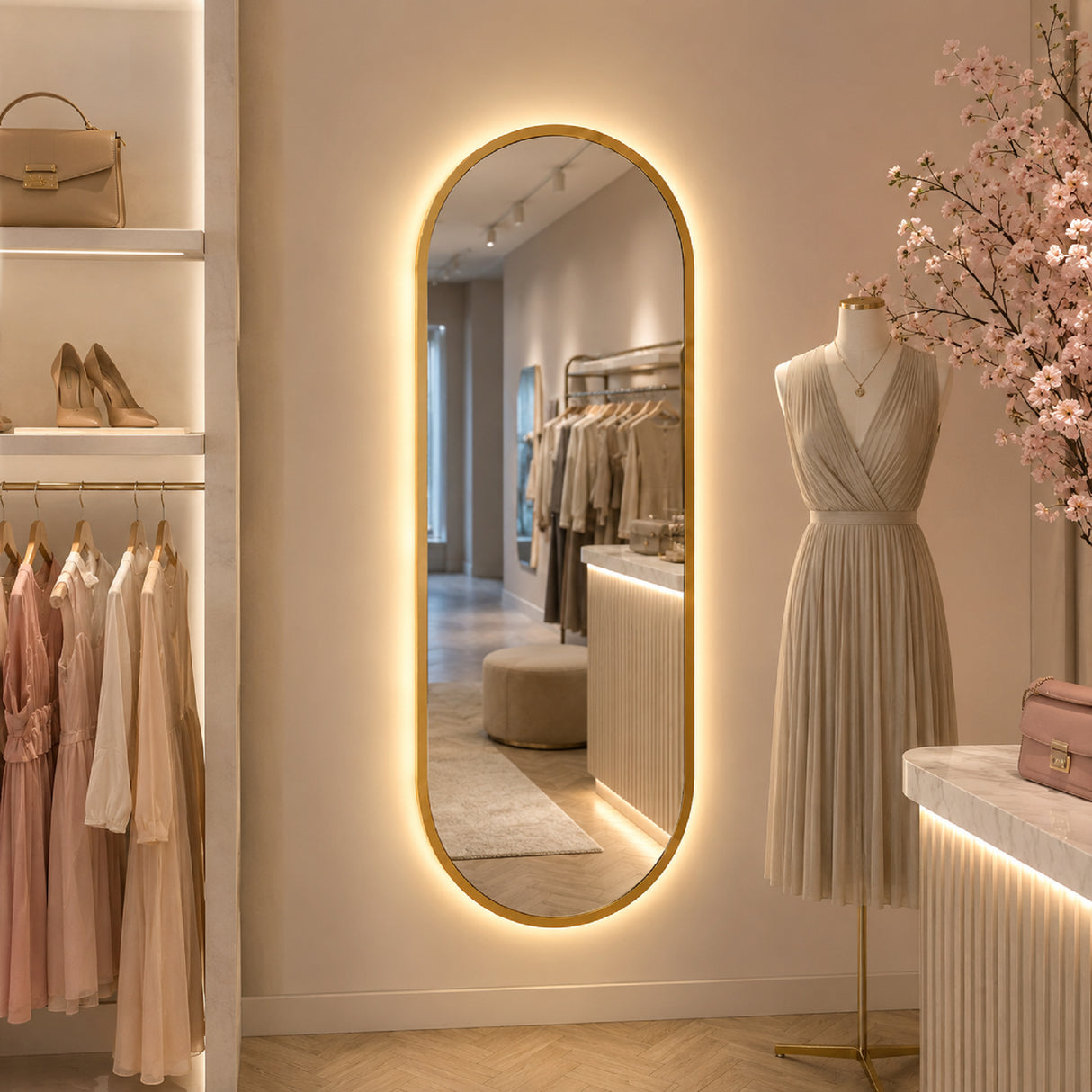 Espejo de Pared Led Dorado 60x120cm Ovalado Luz Cálida con Marco En Madera
