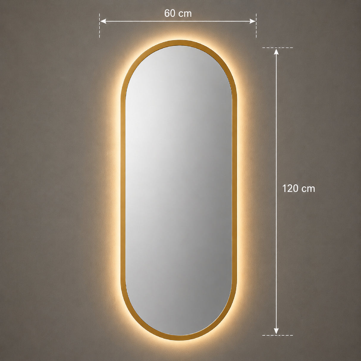 Espejo de Pared Led Dorado 60x120cm Ovalado Luz Cálida con Marco En Madera