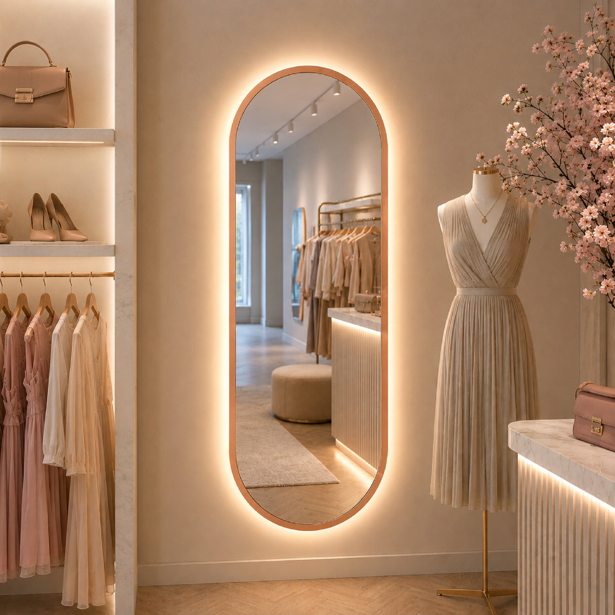 Espejo de Pared Led Oro Rosa 60x120cm Ovalado Luz Cálida con Marco En Madera