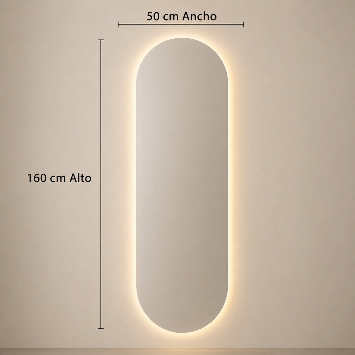 Espejo de Pared Led Porto 50x160cm Ovalado Luz Cálida con Marco En Madera
