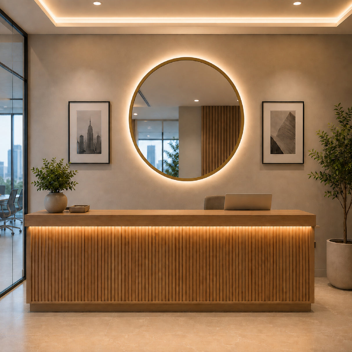 Espejo de Pared Led Dorado 80x80cm Redondo Luz Cálida con Marco En Madera
